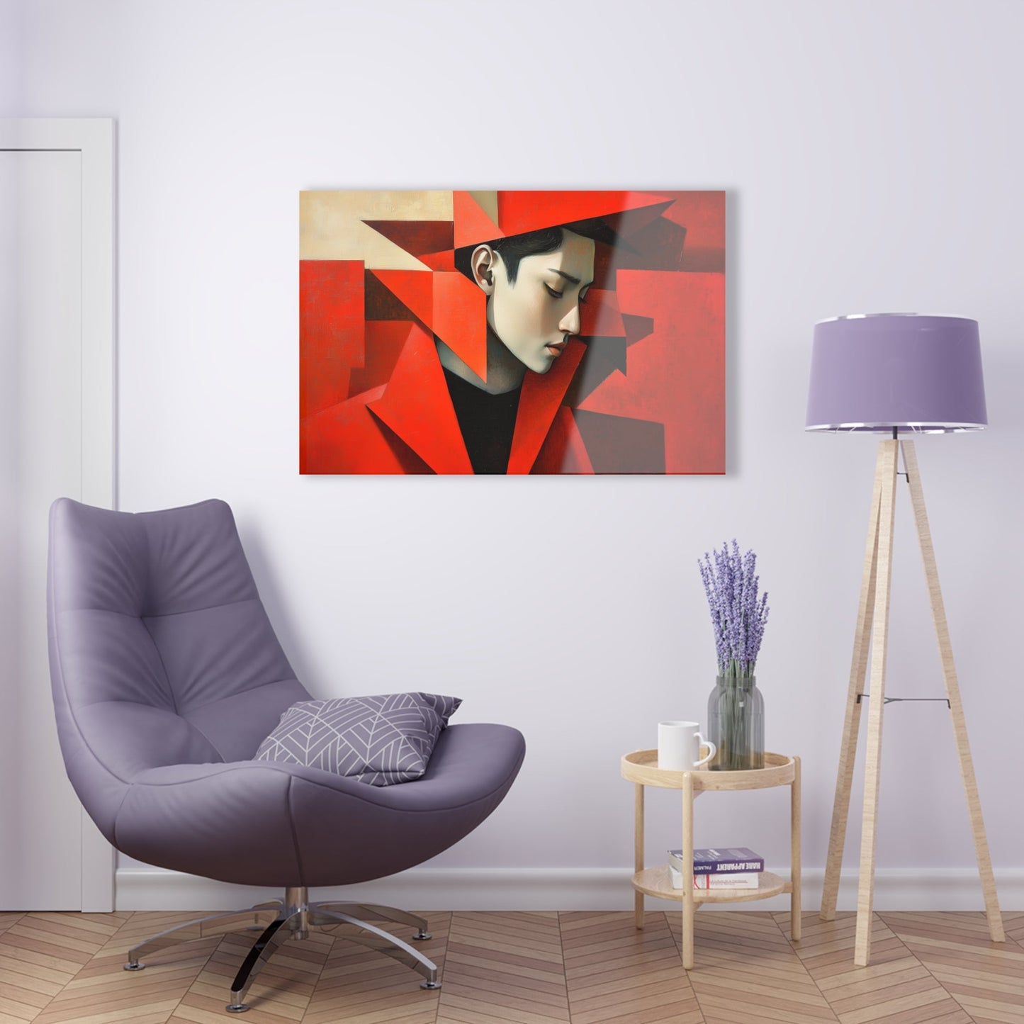 Horizontal-oriented wall art: "Refined in Fragments." A high-fashion Asian male is depicted in a Cubist style, with bold angular red geometric shapes framing his contemplative profile. The soft dramatic lighting contrasts with vivid red tones, creating an expressive and sophisticated composition.