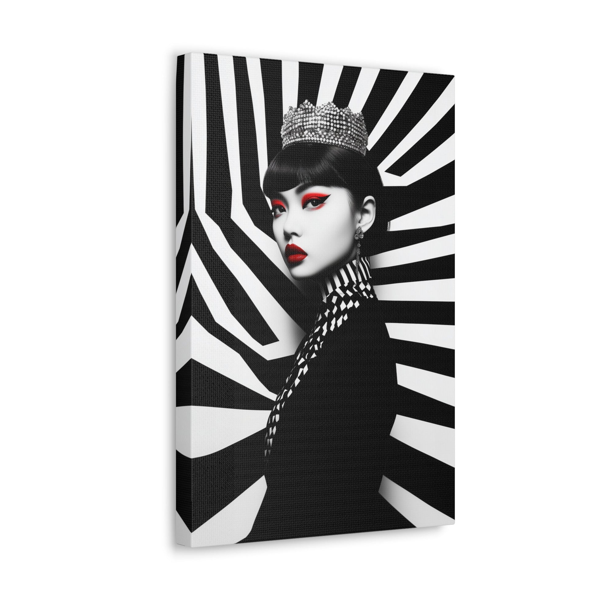 Vertical-oriented wall art: "Empress of Symmetry II" A striking portrait of an elegant Asian queen wearing a jeweled crown, set against a dynamic black-and-white geometric background with vivid red accents. This bold artwork combines regal sophistication with modern design, showcasing a captivating fusion of power and beauty.