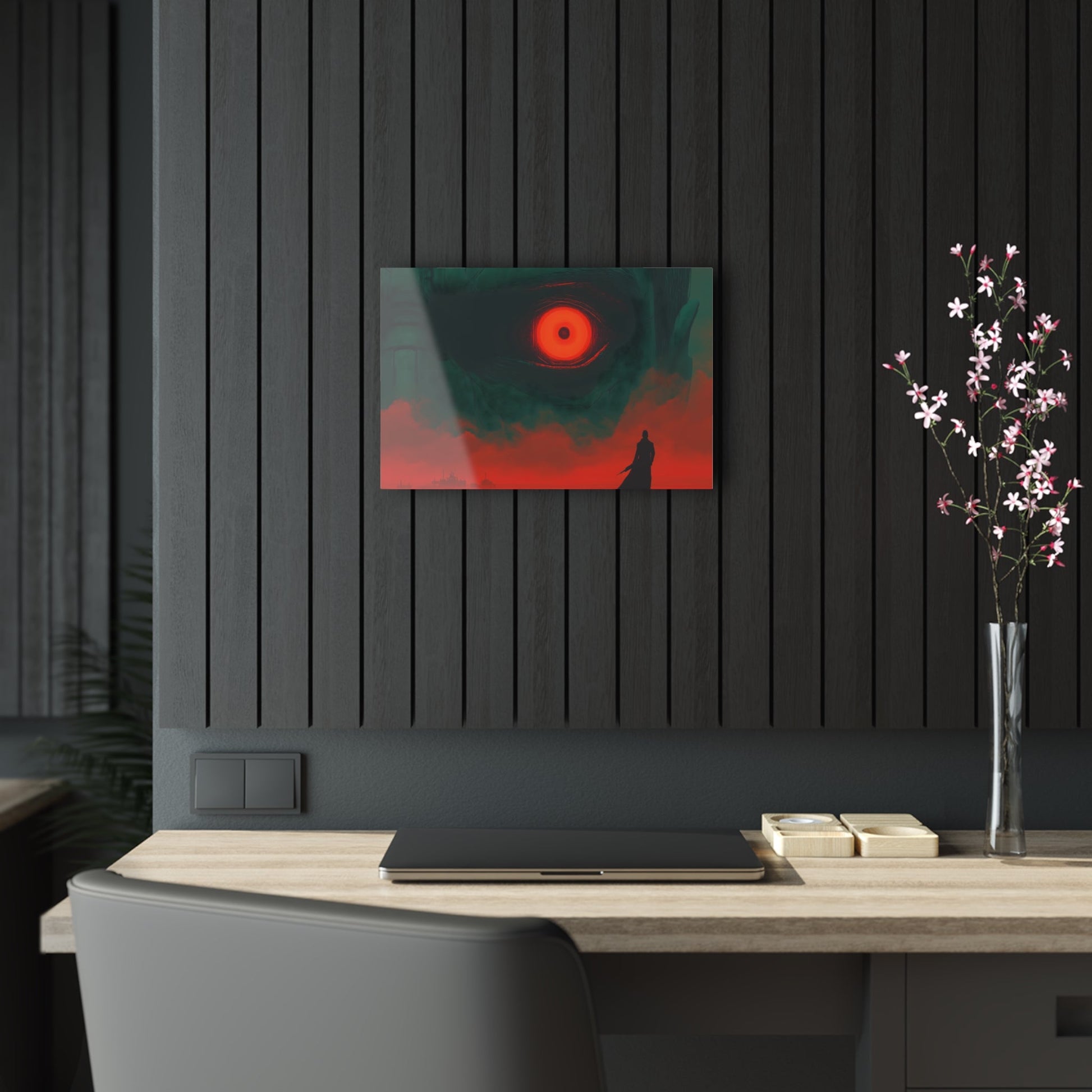 Horizontal-Oriented wall art: A lone hero stands before a massive, glowing red eye that dominates the dark, ominous landscape, symbolizing the looming threat of the final boss. The intense contrast of deep greens and fiery reds heightens the tension, capturing the moment before an epic battle.