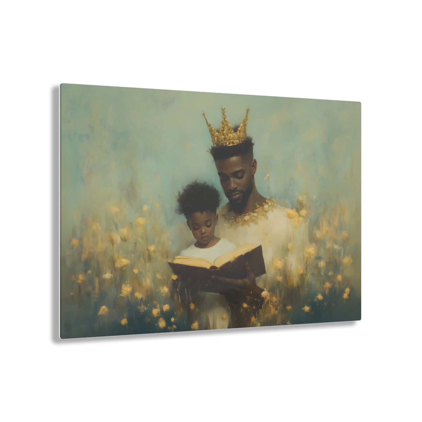 Horizontal-oriented wall art: A kingly father reads to his princely son, both adorned with crowns symbolizing the value of education. The painting features a magical realism style with whimsical elements, emphasizing the importance of knowledge and the bond between generations.