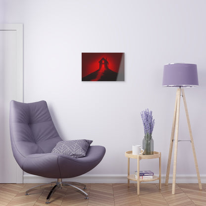 Horizontal-oriented wall art: Artwork titled Crimson Ascent from the Ruby Realms collection, featuring a glowing red house atop a hill with a solitary figure ascending a shadowed staircase. The piece creates an eerie and surreal atmosphere with its intense red glow and dramatic contrast.