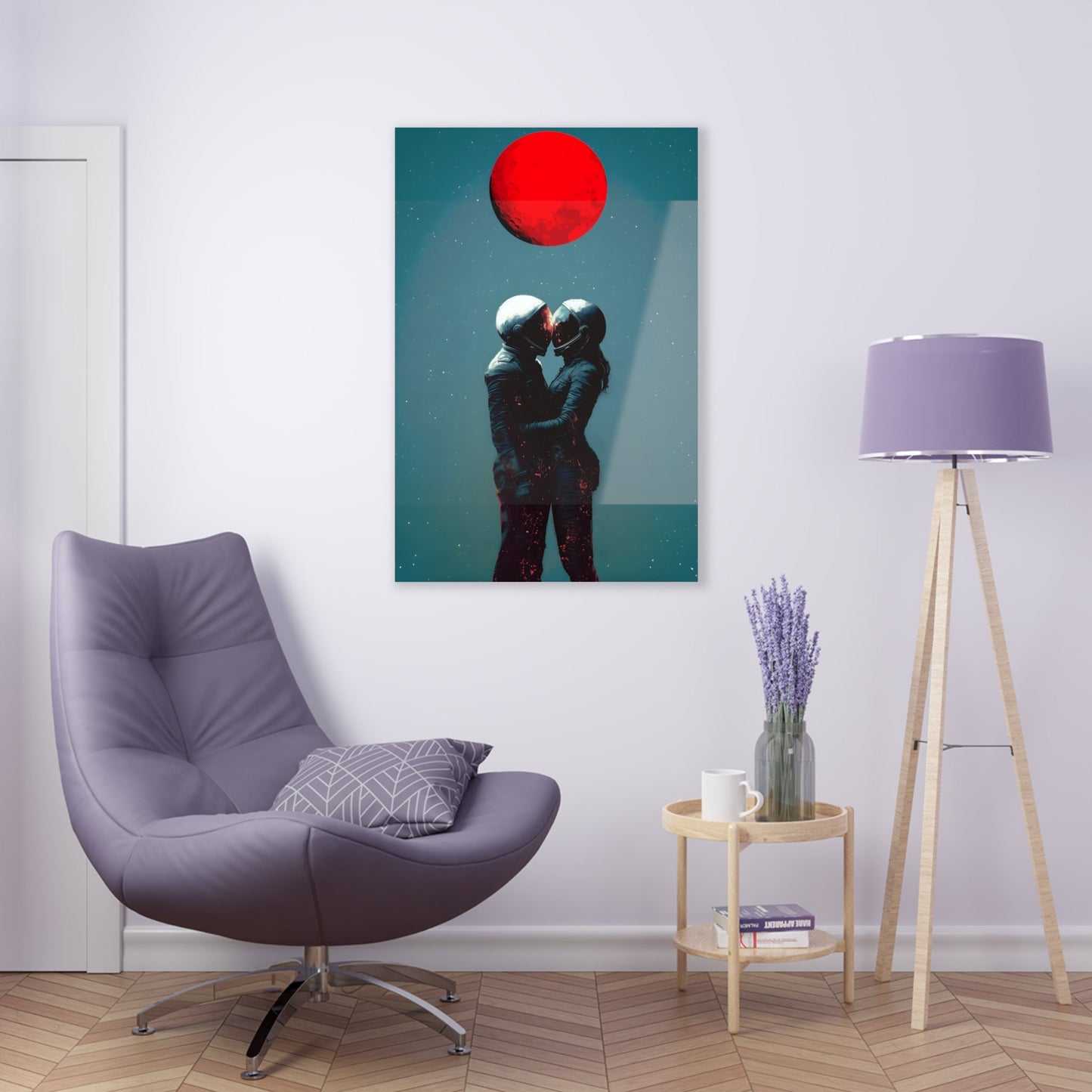 Vertical-oriented wall art: "Galactic Romance IV" depicts two astronauts embracing under a glowing red moon, their helmets gently touching as they share a moment of intimacy in space. The starry background contrasts with the fiery red moon, emphasizing the romantic and cosmic connection between the figures.