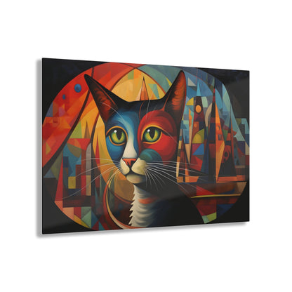 Horizontal-oriented wall art: A vibrant, abstract portrayal of a cat featuring dynamic angles and bold geometric shapes, rendered in rich, saturated colors. The composition captures the essence of the feline’s curiosity and grace, offering a modernist perspective on the animal world.