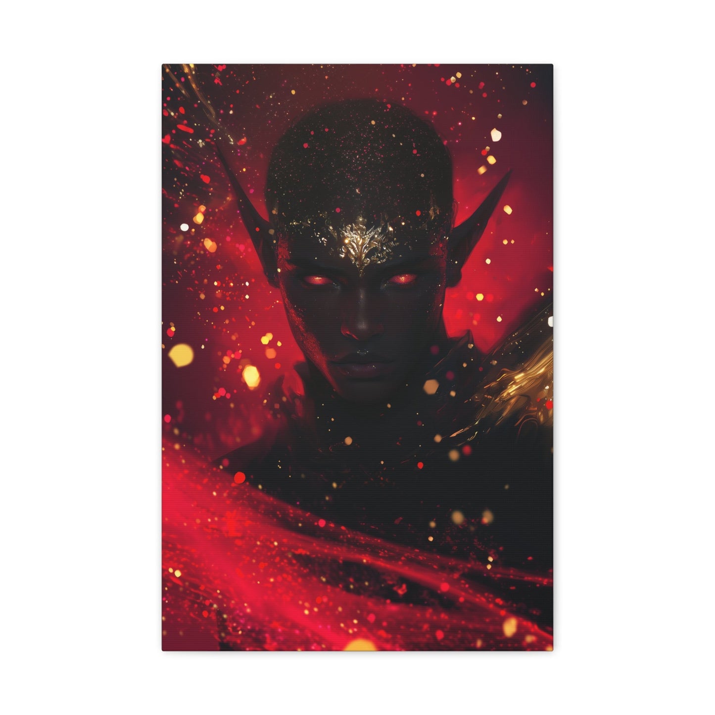 Horizontal-oriented wall art: "Obsidian Elegance" A striking portrait of a black elf with glowing red eyes and intricate gold accents adorning their forehead, set against a fiery background of vibrant red and gold hues. The artwork radiates an aura of power, mystery, and elegance, capturing the essence of ethereal beauty.