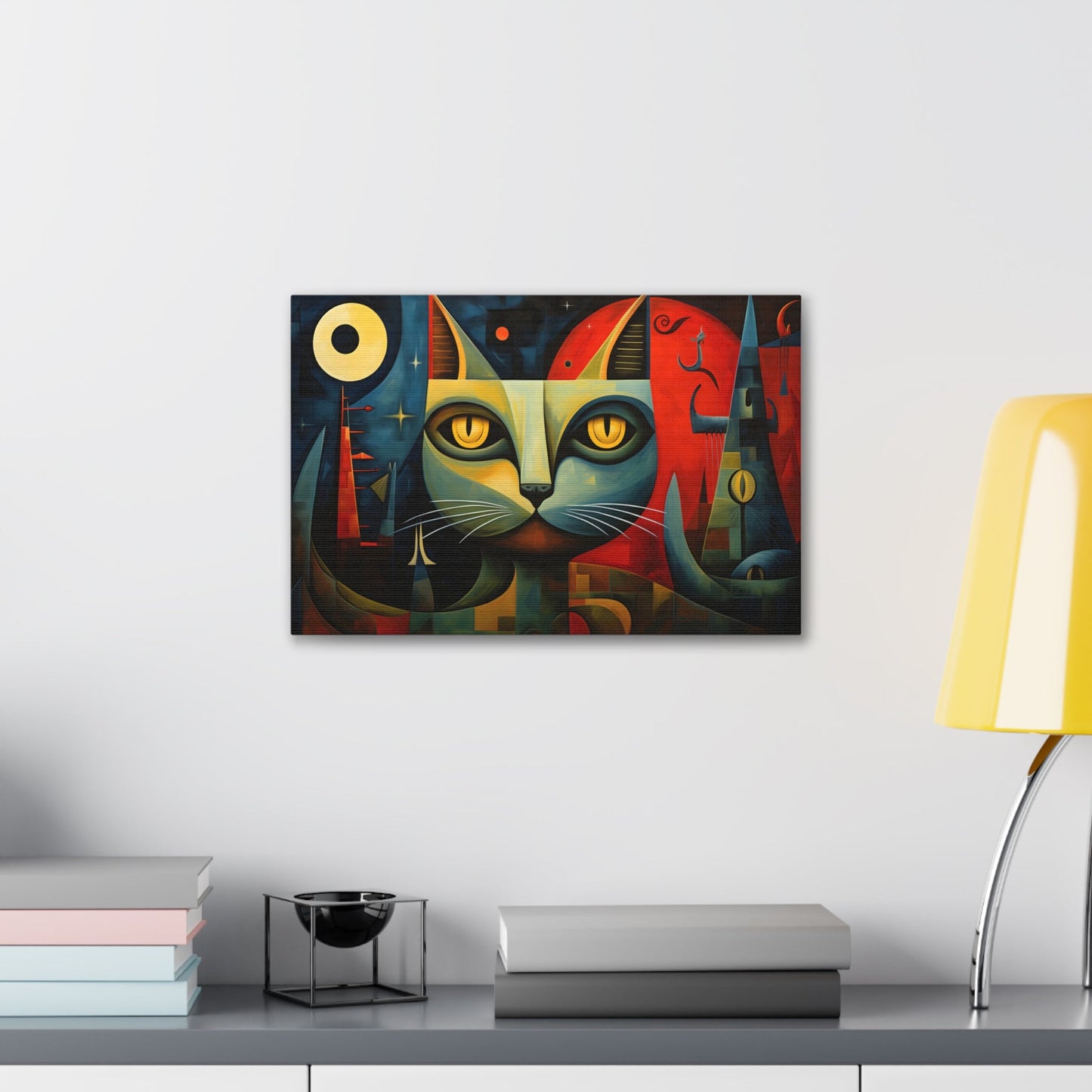 Horizontal-oriented wall art: A Cubist-inspired cat stares directly at the viewer, its eyes glowing with intensity against a backdrop of geometric shapes in deep blues, reds, and yellows. The abstract and surreal composition captures the feline's enigmatic nature, blending elements of modern art movements to create a vivid, otherworldly scene.