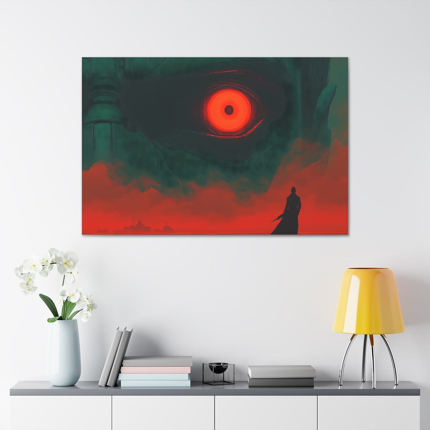 Horizontal-Oriented wall art: A lone hero stands before a massive, glowing red eye that dominates the dark, ominous landscape, symbolizing the looming threat of the final boss. The intense contrast of deep greens and fiery reds heightens the tension, capturing the moment before an epic battle.