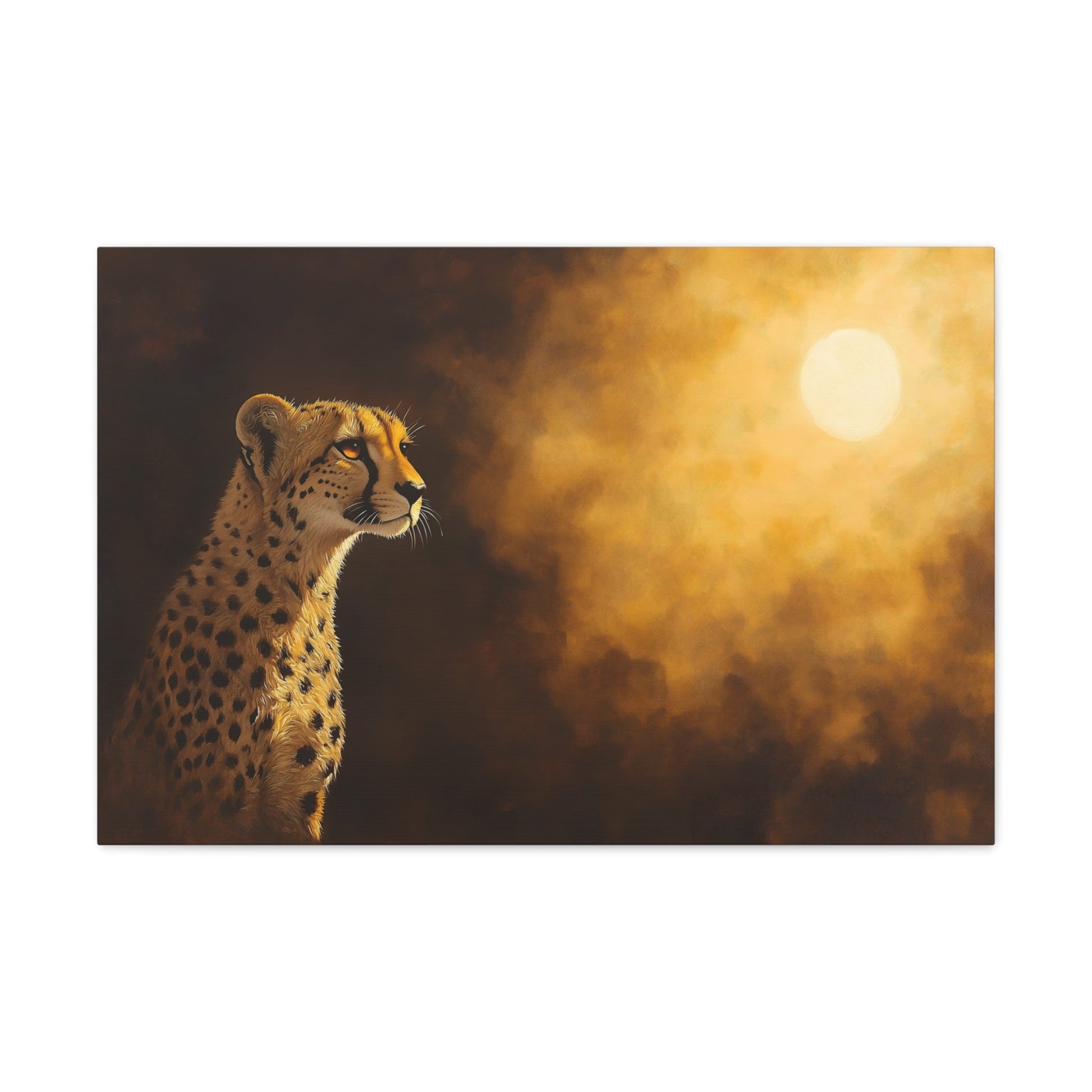 Horizontal-oriented wall art: "Shadowed Speed III" A cheetah gazes into the distance, bathed in the warm glow of a mysterious light source against a softly lit, golden background. The detailed fur and majestic pose are highlighted by dramatic shadows, capturing the animal's grace and strength in a serene moment.