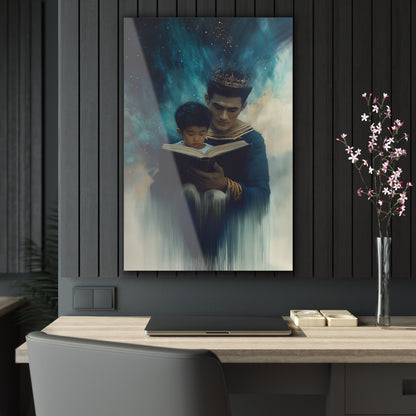 Vertical-oriented wall art: "Crowning Knowledge VI" depicts a father and son wearing golden crowns, reading a book together, surrounded by a swirling, cosmic blue and teal background. The soft, ethereal atmosphere emphasizes the serene and mystical bond of shared learning and wisdom between the two figures.