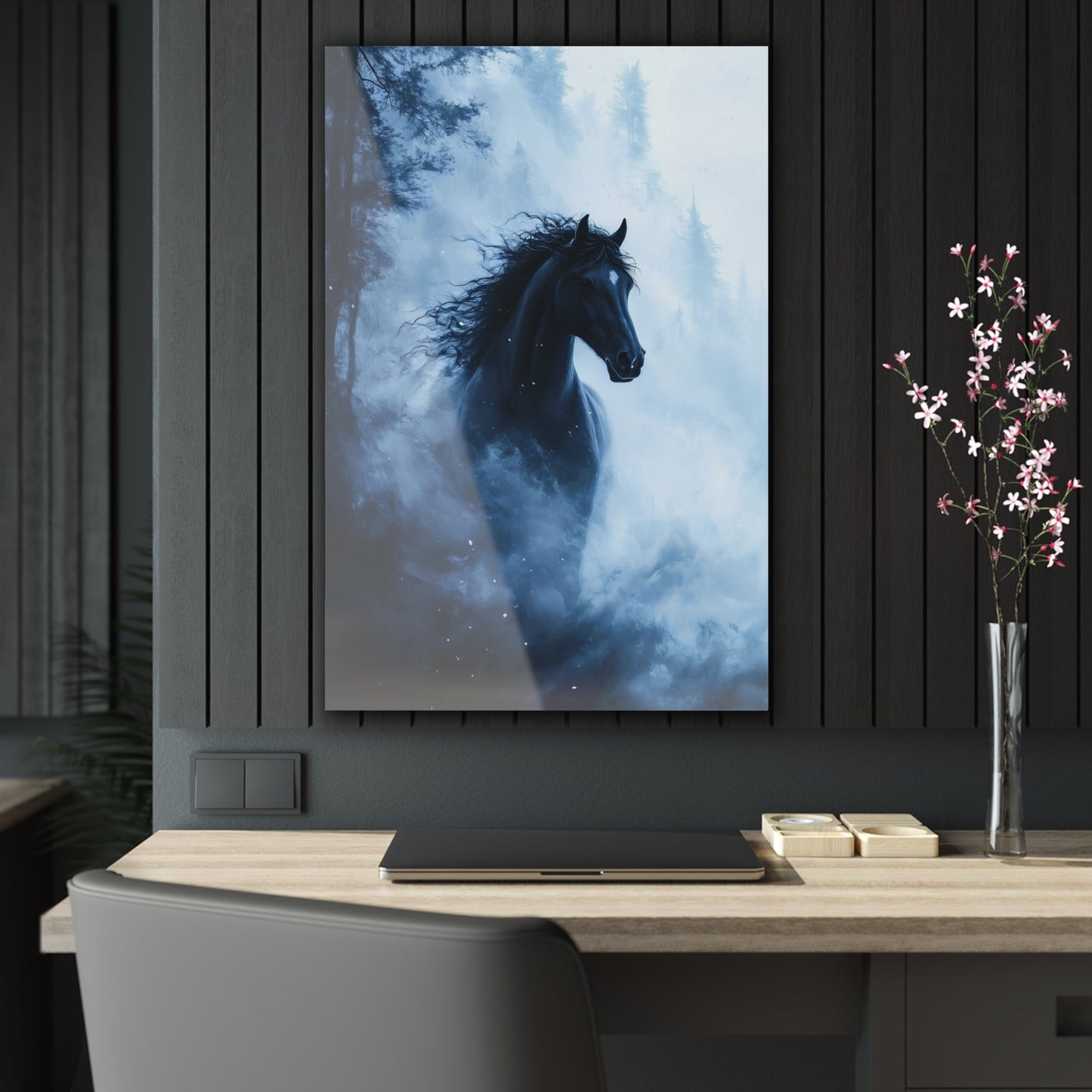 Vertical-oriented wall art: "Shadowed Stallion IV" A powerful black stallion charges through a misty forest, its mane flowing wildly as snow swirls around it. The contrast between the horse's dark figure and the soft, ethereal fog creates a striking, otherworldly scene.