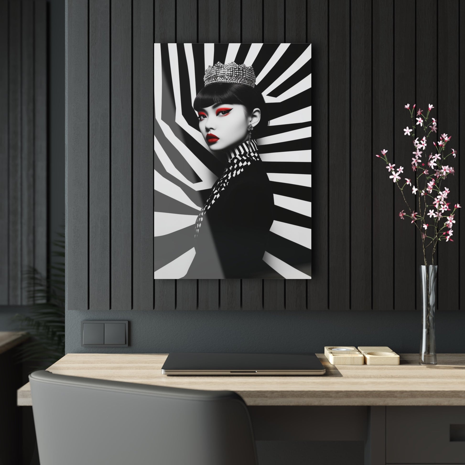 Vertical-oriented wall art: "Empress of Symmetry II" A striking portrait of an elegant Asian queen wearing a jeweled crown, set against a dynamic black-and-white geometric background with vivid red accents. This bold artwork combines regal sophistication with modern design, showcasing a captivating fusion of power and beauty.