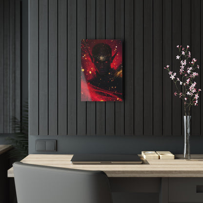 Horizontal-oriented wall art: "Obsidian Elegance" A striking portrait of a black elf with glowing red eyes and intricate gold accents adorning their forehead, set against a fiery background of vibrant red and gold hues. The artwork radiates an aura of power, mystery, and elegance, capturing the essence of ethereal beauty.