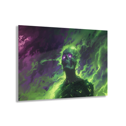 Horizontal-oriented artwork: An eerie illustration featuring a mystical lich with glowing eyes, surrounded by eldritch energies in shades of green and purple, against a dark, ominous background.