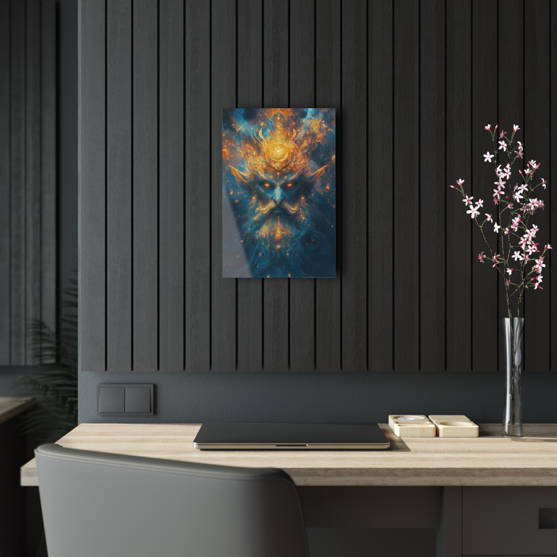 Vertical-oriented wall art "Celestial Djinn II" A cosmic djinn with glowing eyes and intricate golden patterns emerges from a swirl of azure and gold energy. This mystical artwork captures the celestial power and ancient wisdom of a divine being.