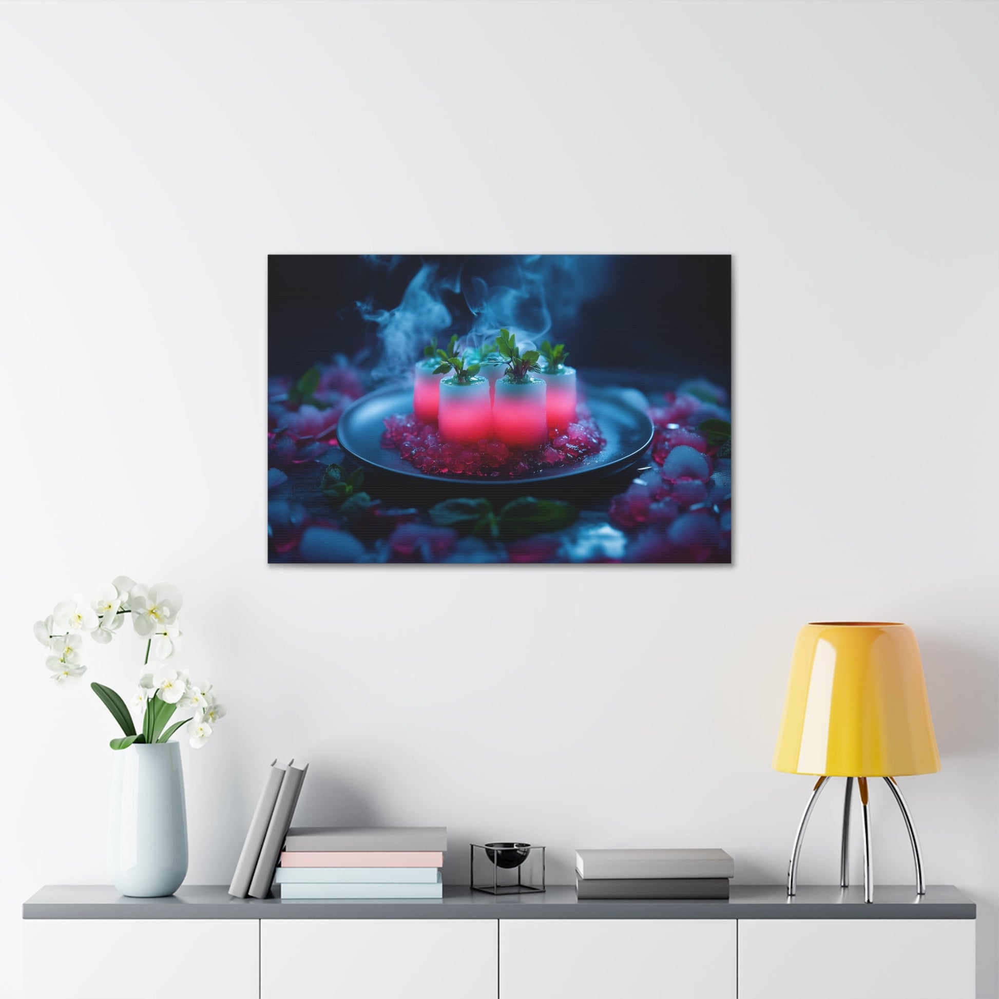 Horizontal-oriented wall art: "Xeno Cuisine." A glowing arrangement of alien meat and bioluminescent vegetables sits on an obsidian plate, surrounded by vapor and crystalline accents. The vibrant pink and cool blue tones contrast against the dark background, creating an otherworldly and surreal atmosphere.