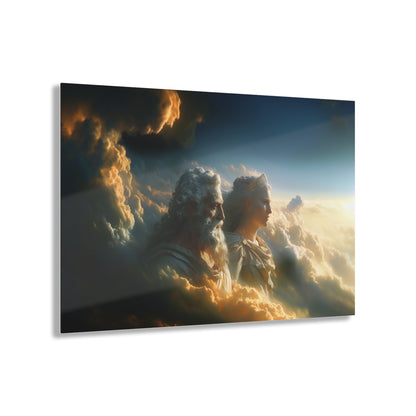 Horizontal-oriented wall art: "Storm of Affection" from the Elysian Legends collection depicts Zeus and Hera in a surreal, tempestuous scene surrounded by swirling clouds and lightning, symbolizing their passionate and conflict-filled love. The dramatic lighting and ethereal elements enhance the divine and mythical atmosphere, drawing viewers into the epic narrative of these Greek gods.