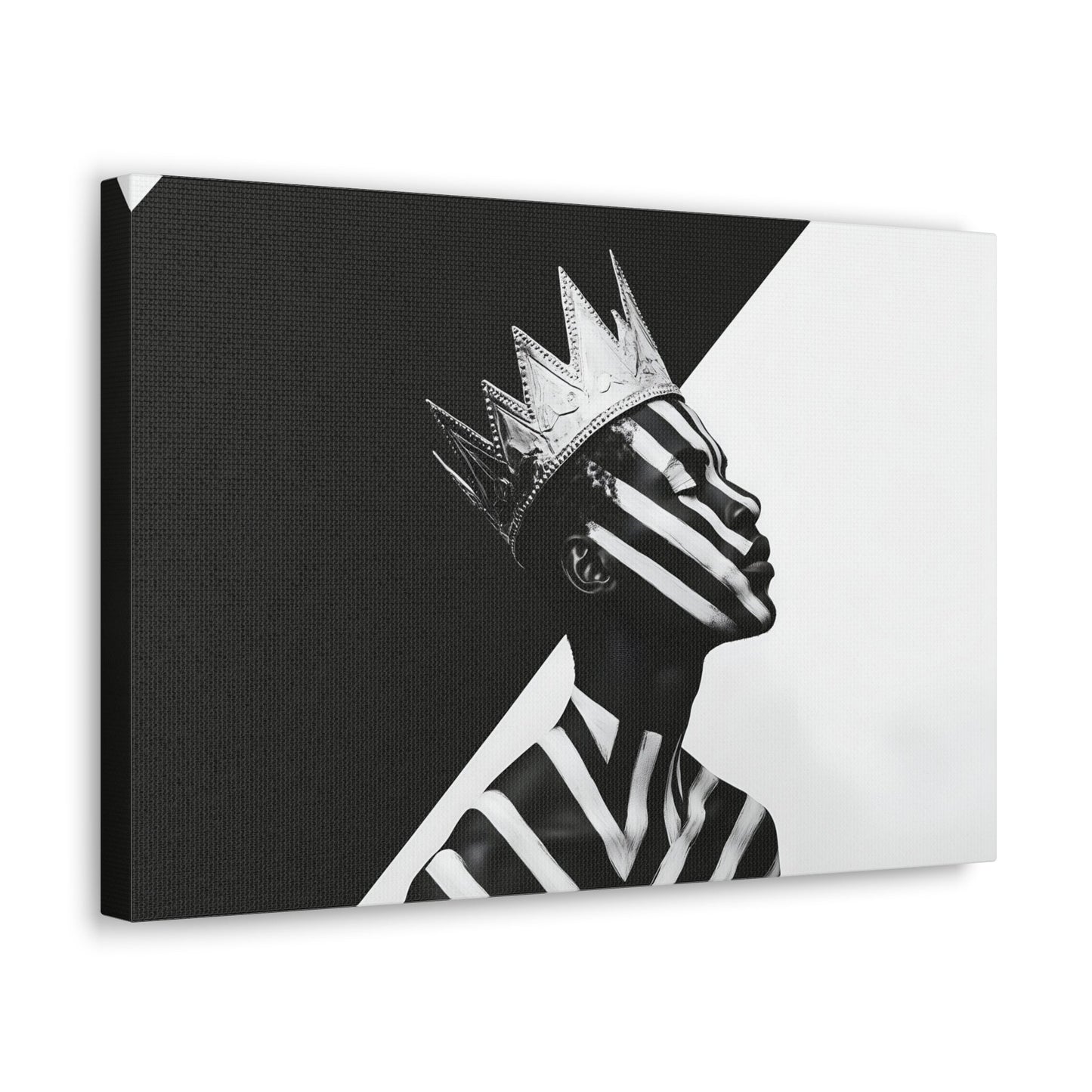 Horizontal-oriented wall art: "Crown of Dignity V" A black-and-white abstract portrait of a Black man wearing a metallic crown, his face and body adorned with bold, geometric stripes. The striking contrast and minimalist design emphasize his regal presence and dignified expression against a stark background.