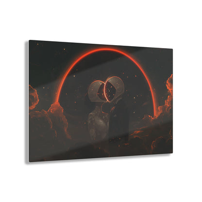 Horizontal-oriented wall art: Two astronauts, dressed in a tuxedo and a wedding dress, share a romantic kiss in space with their helmets forming a glowing heart shape. The dark, starry sky and the bright, orange-red halo create a whimsical and dreamy atmosphere.