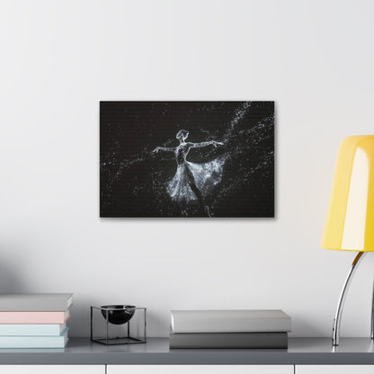 Horizontal-oriented wall art: "Cosmic Ballet III" A ballerina made of radiant, star-like dots gracefully dances against a dark, star-filled backdrop, her silhouette shining in monochromatic light. The scene captures the ethereal beauty of a cosmic dance, with stars trailing from her flowing skirt.