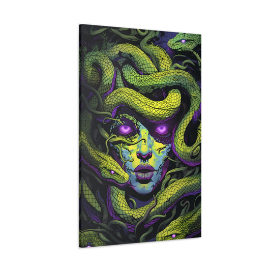 Vertical-oriented artwork: An eerie digital illustration depicting the mythical figure Medusa, with vivid green and purple hues. Medusa's captivating gaze is surrounded by swirling, eldritch energies, evoking an aura of mystery and allure.