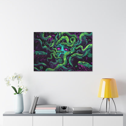 Horizontal-oriented artwork: An eerie digital illustration depicting the mythical figure Medusa, with vivid green and purple hues. Medusa's captivating gaze is surrounded by swirling, eldritch energies, evoking an aura of mystery and allure.