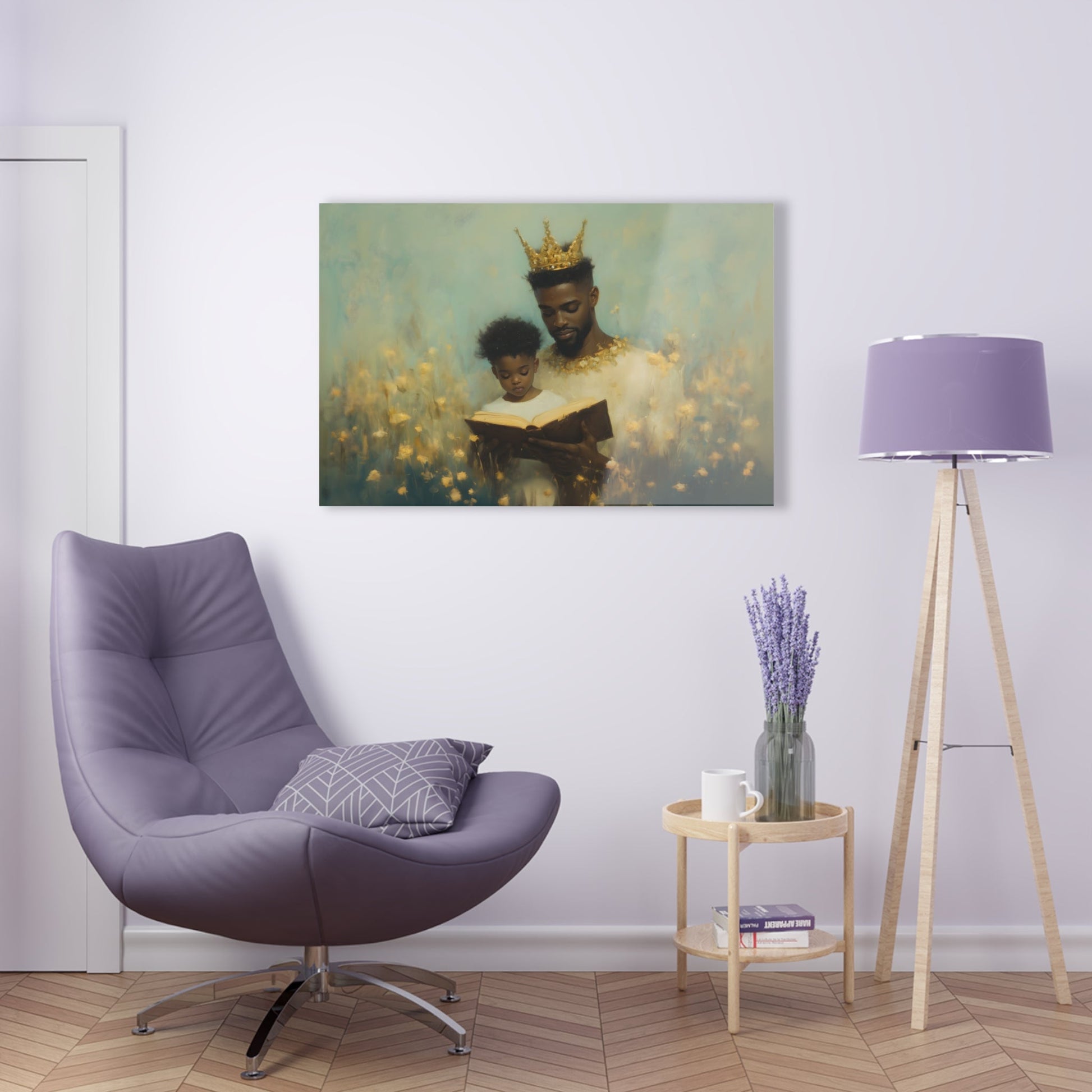 Horizontal-oriented wall art: A kingly father reads to his princely son, both adorned with crowns symbolizing the value of education. The painting features a magical realism style with whimsical elements, emphasizing the importance of knowledge and the bond between generations.