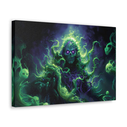 Horizontal-oriented artwork: An eerie illustration featuring a mystical lich with glowing eyes, surrounded by eldritch energies in shades of green and purple, against a dark, ominous background.