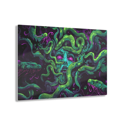 Horizontal-oriented artwork: An eerie digital illustration depicting the mythical figure Medusa, with vivid green and purple hues. Medusa's captivating gaze is surrounded by swirling, eldritch energies, evoking an aura of mystery and allure.