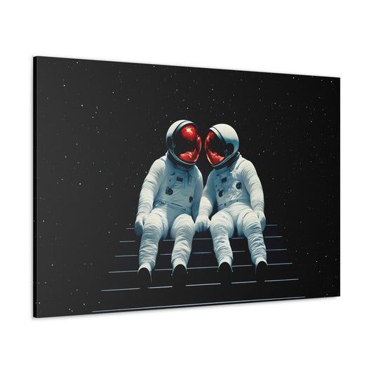 Horizontal-oriented wall art: "Galactic Romance III" depicts two astronauts seated side by side on floating stairs in space, their helmets touching as they share an intimate moment. The soft red glow in their visors contrasts with the dark starry background, emphasizing their connection in the vastness of the cosmos.