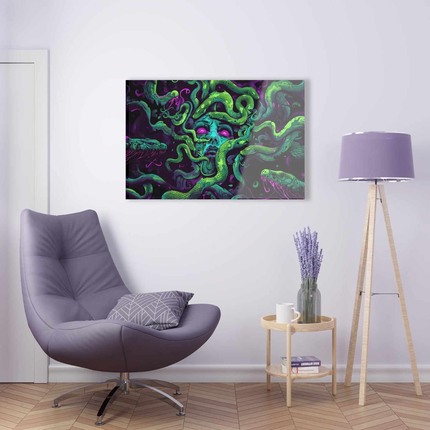 Horizontal-oriented artwork: An eerie digital illustration depicting the mythical figure Medusa, with vivid green and purple hues. Medusa's captivating gaze is surrounded by swirling, eldritch energies, evoking an aura of mystery and allure.