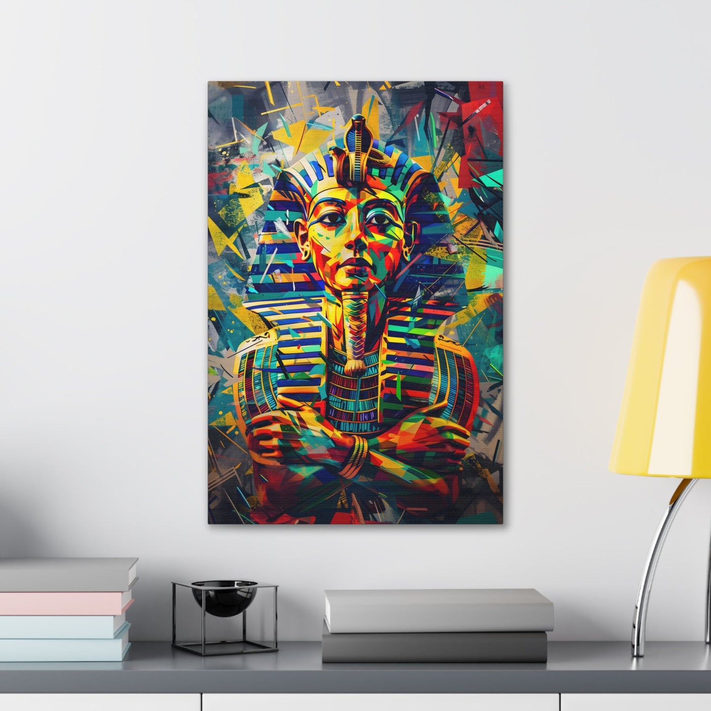 Vertical-oriented wall art: A regal portrait of King Tutankhamun, depicted with a golden headdress and adorned with ornate jewelry, exuding an aura of majesty and power.