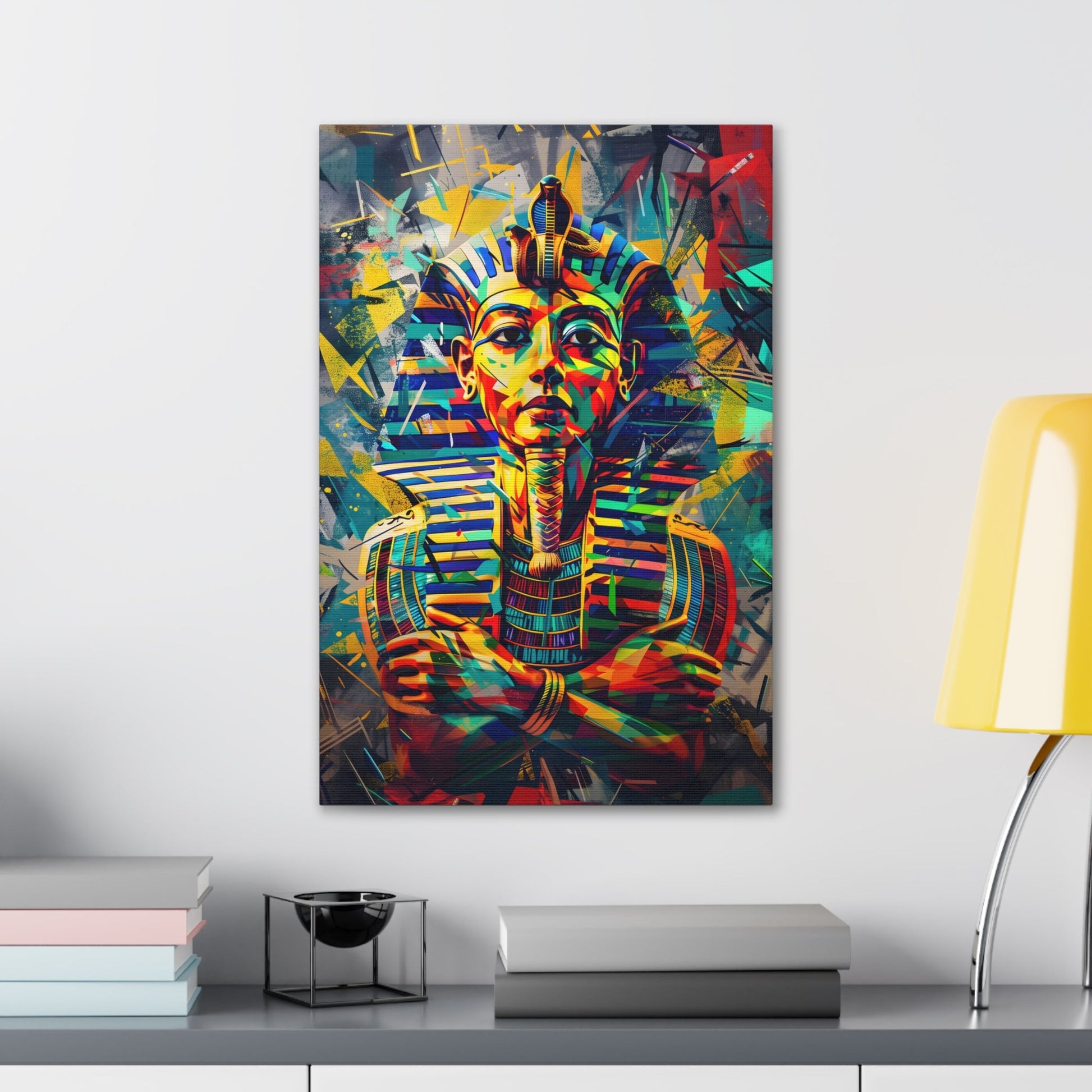 Vertical-oriented wall art: A regal portrait of King Tutankhamun, depicted with a golden headdress and adorned with ornate jewelry, exuding an aura of majesty and power.