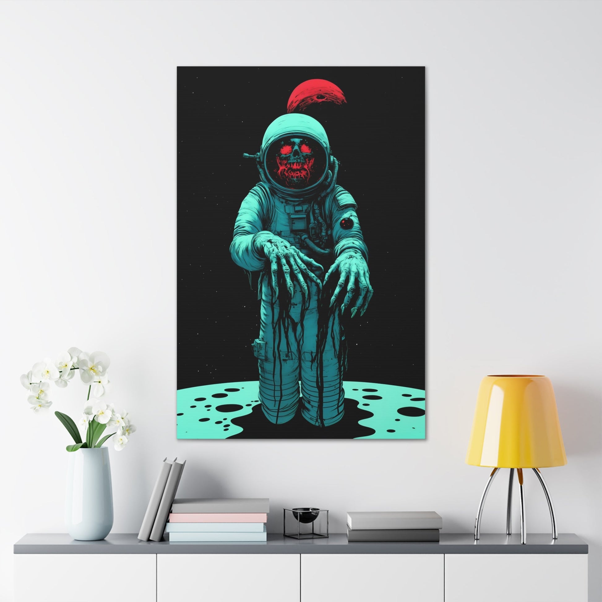 Vertical-oriented wall art: "Cosmic Remains IV" A decayed astronaut, with grotesque hands reaching forward, stands against a dark space background, illuminated by eerie teal and red tones. The haunting figure evokes a sense of cosmic horror and isolation, creating a striking contrast between the decaying form and the endless void.