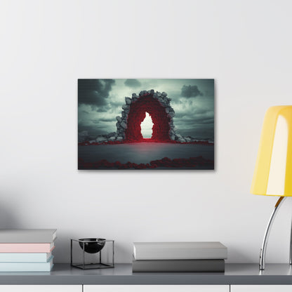 Horizontal-oriented wall art: "Portal of Possibilities" A glowing red portal framed by jagged stone stands in a barren landscape under a moody, overcast sky. The surreal scene evokes mystery and possibility, as if the gateway leads to another dimension.