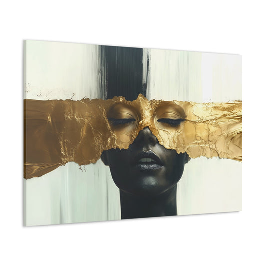 Horizontal-oriented wall art: "Veil of Opulence" A surreal portrait of a woman with closed eyes, partially covered by a textured gold veil across her face. The deep black tones of her skin contrast sharply with the shimmering gold and abstract white background, creating a sense of opulence and mystery.