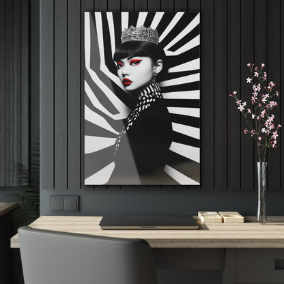 Vertical-oriented wall art: "Empress of Symmetry II" A striking portrait of an elegant Asian queen wearing a jeweled crown, set against a dynamic black-and-white geometric background with vivid red accents. This bold artwork combines regal sophistication with modern design, showcasing a captivating fusion of power and beauty.