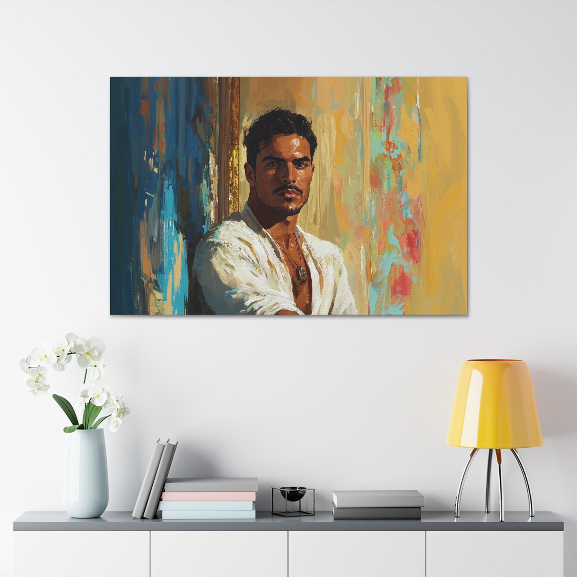 Horizontal-oriented wall art: "Stillness in Strength." A contemplative Latino man gazes forward with quiet confidence, surrounded by warm golden hues and cool blue accents. The oil painting style and radiant lighting create a refined and introspective composition.