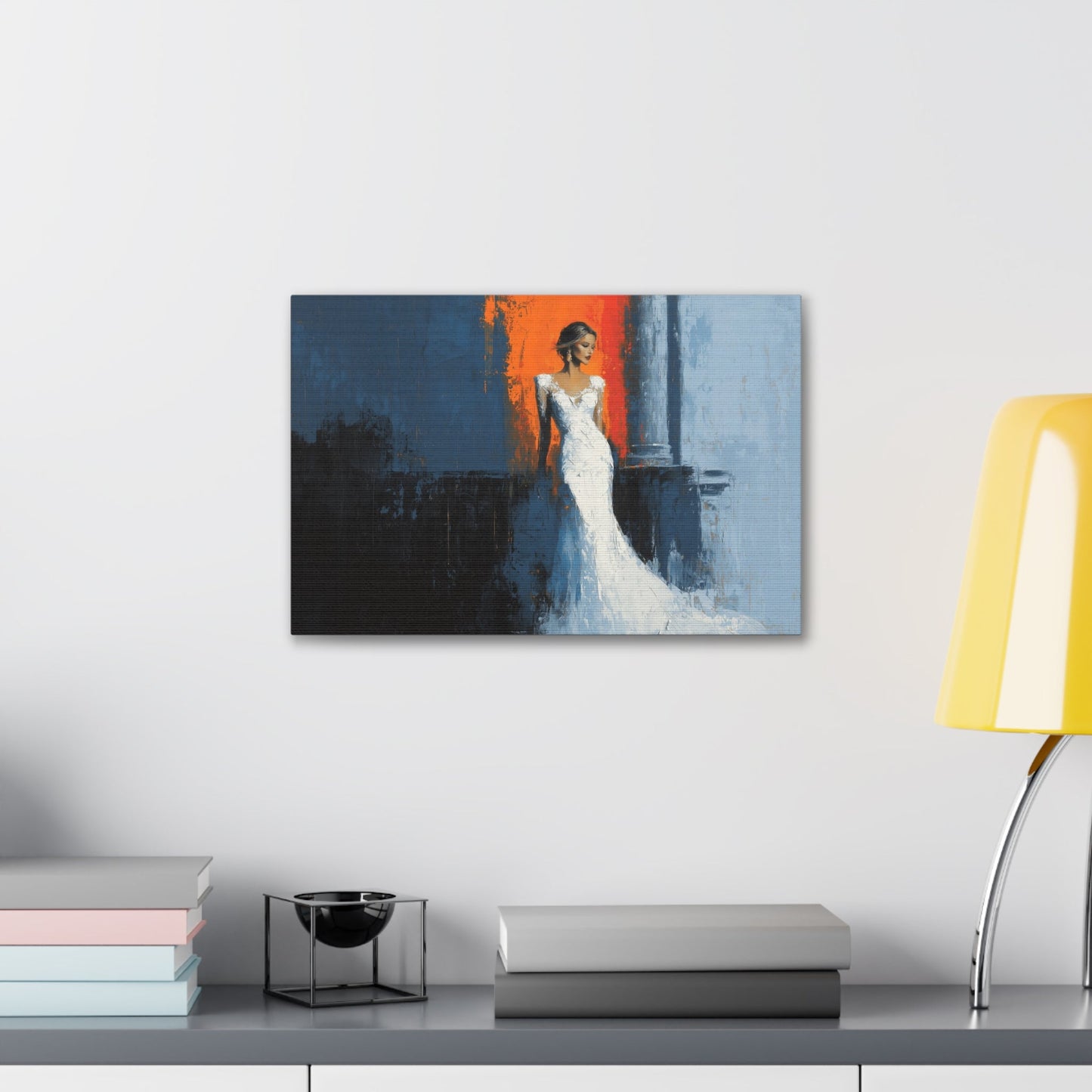 Horizontal-oriented wall art: "Ivory Vision." A poised woman stands gracefully in an ivory gown, illuminated by warm light against a vibrant orange and cool blue background. The palette knife painting technique enhances the textured details, evoking elegance and serenity.