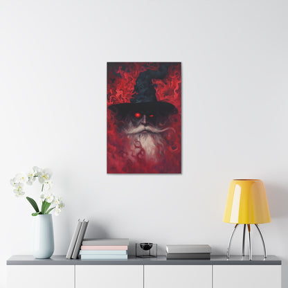 Vertical-oriented wall art: "The Wizard's Veil II" A mysterious wizard with glowing red eyes emerges from a swirling, crimson mist, his expression intense and otherworldly. The deep reds and intricate textures create an aura of magic and dark fantasy, drawing viewers into his enchanted realm.