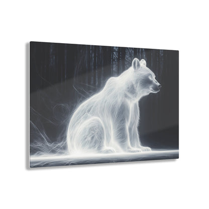 Horizontal-oriented wall art: "Glowing Guardian III" A luminous bear sits serenely in a dark forest, surrounded by a soft, glowing aura that illuminates its form. The ethereal light effect creates a mystical atmosphere, highlighting the bear's calm and protective presence against the shadowy background.