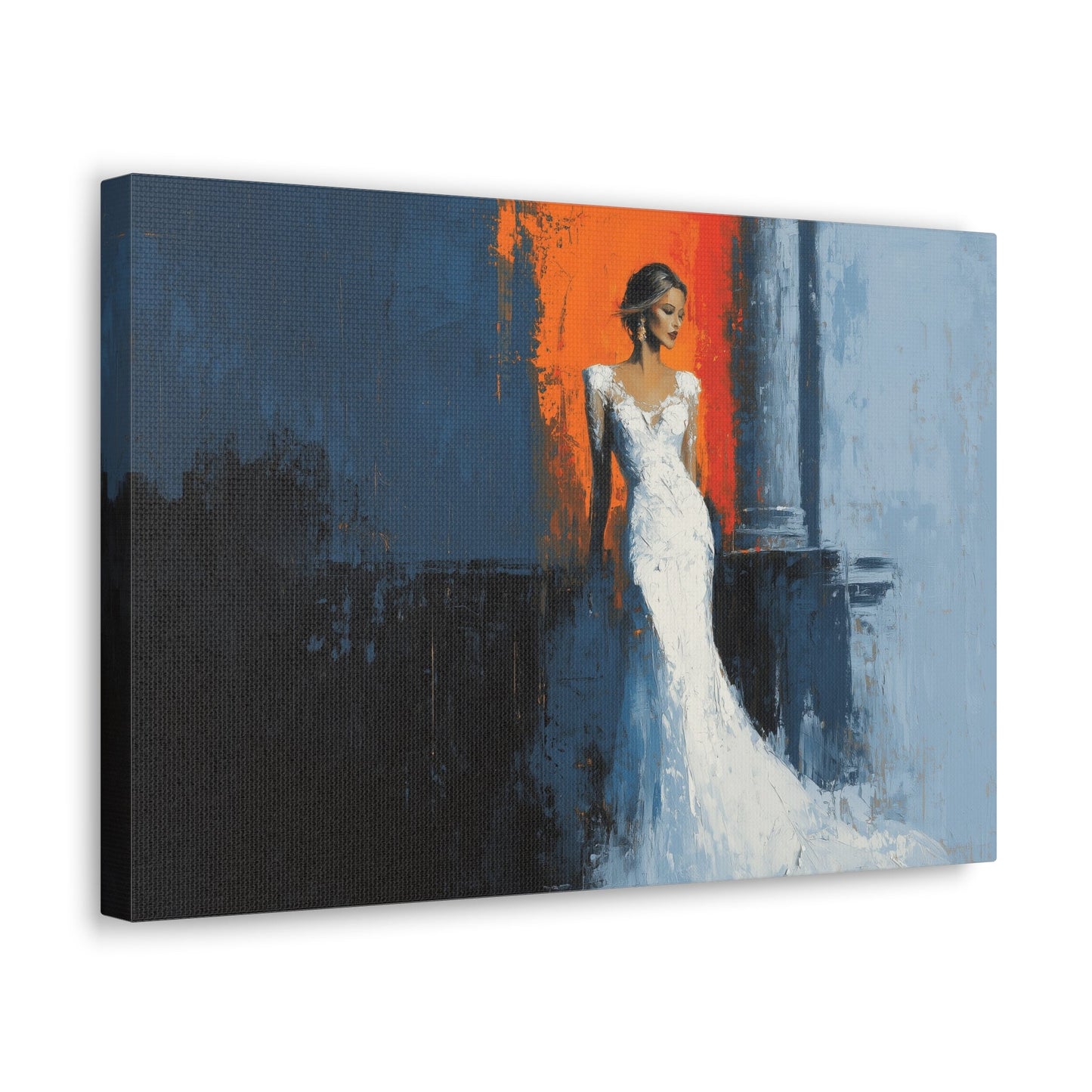 Horizontal-oriented wall art: "Ivory Vision." A poised woman stands gracefully in an ivory gown, illuminated by warm light against a vibrant orange and cool blue background. The palette knife painting technique enhances the textured details, evoking elegance and serenity.