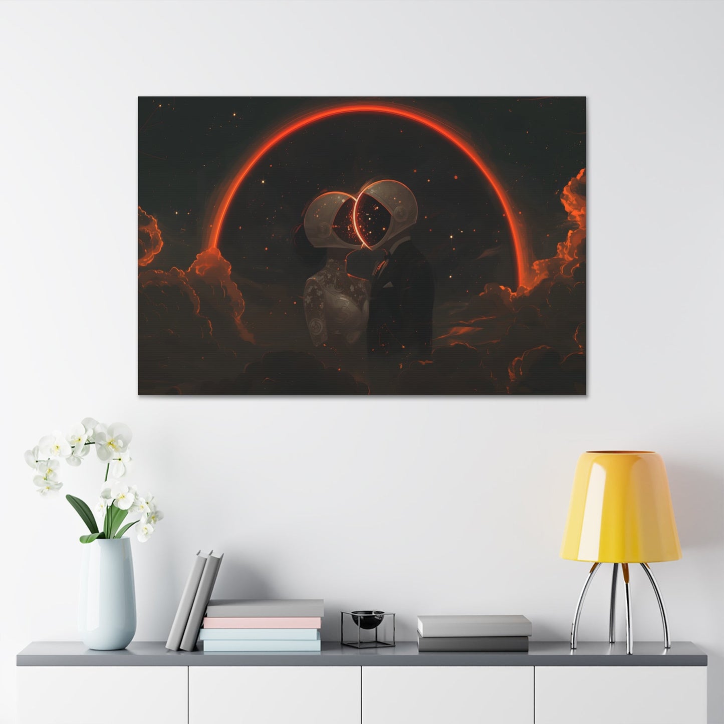 Horizontal-oriented wall art: Two astronauts, dressed in a tuxedo and a wedding dress, share a romantic kiss in space with their helmets forming a glowing heart shape. The dark, starry sky and the bright, orange-red halo create a whimsical and dreamy atmosphere.