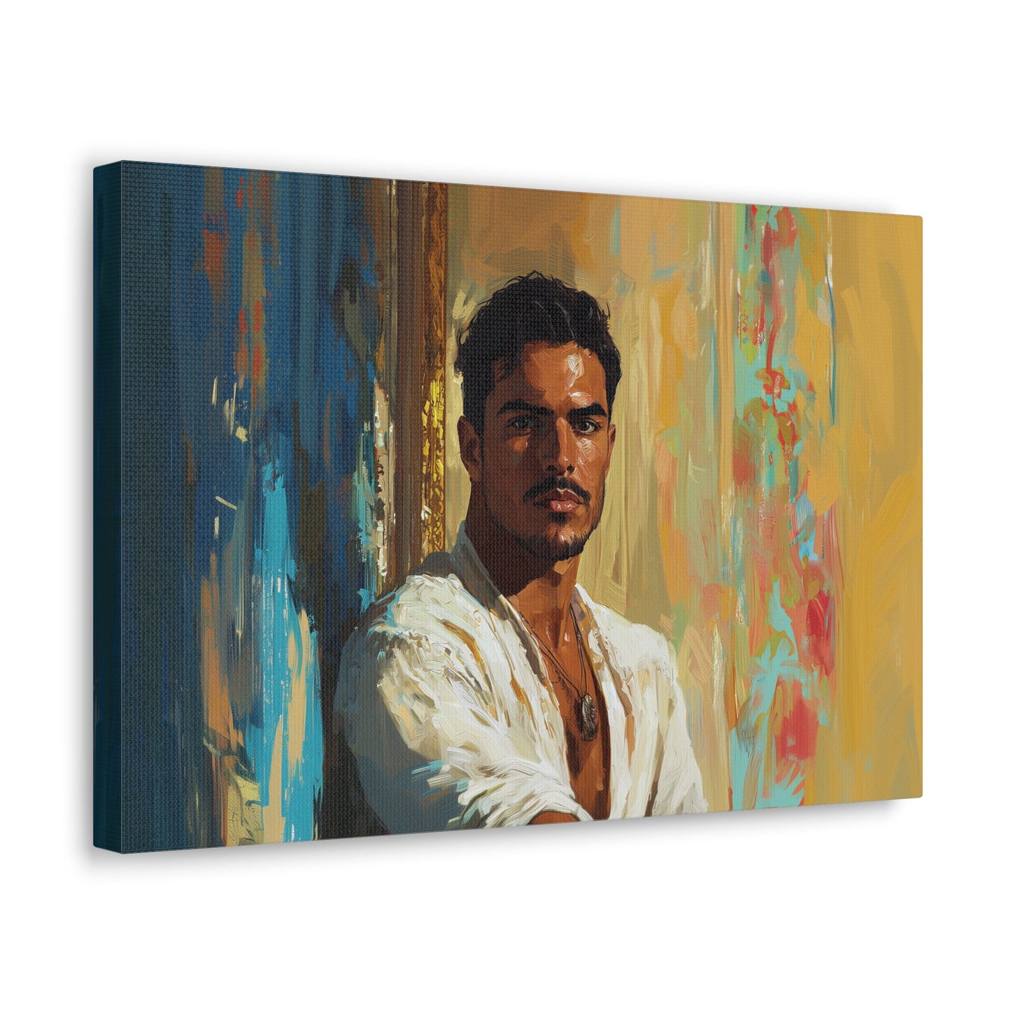 Horizontal-oriented wall art: "Stillness in Strength." A contemplative Latino man gazes forward with quiet confidence, surrounded by warm golden hues and cool blue accents. The oil painting style and radiant lighting create a refined and introspective composition.