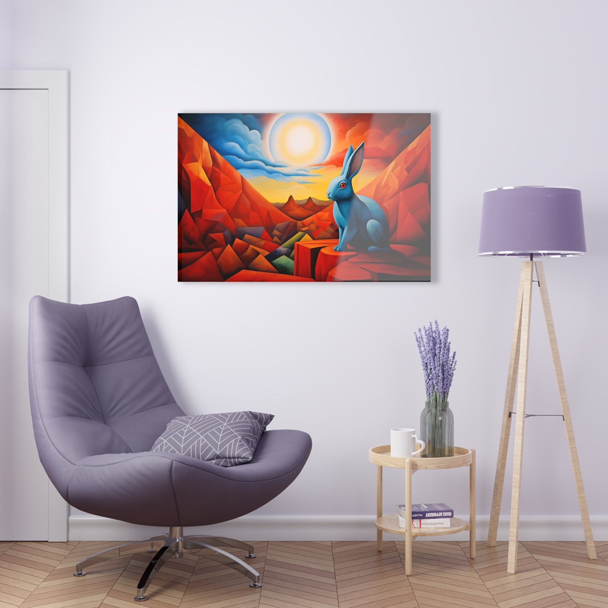 Horizontal-oriented wall art: "Vortic Hare III" features a vibrant blue rabbit sitting calmly on angular red rocks in a surreal, geometric landscape with a glowing sun in the background. The bold contrast of vivid blue, red, and orange tones evokes a dynamic fusion of Vorticism, Cubism, and Surrealism.