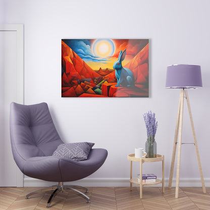 Horizontal-oriented wall art: "Vortic Hare III" features a vibrant blue rabbit sitting calmly on angular red rocks in a surreal, geometric landscape with a glowing sun in the background. The bold contrast of vivid blue, red, and orange tones evokes a dynamic fusion of Vorticism, Cubism, and Surrealism.