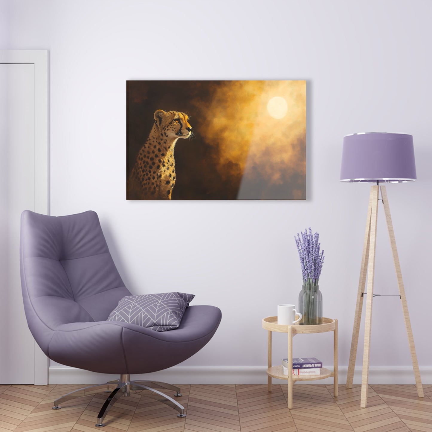 Horizontal-oriented wall art: "Shadowed Speed III" A cheetah gazes into the distance, bathed in the warm glow of a mysterious light source against a softly lit, golden background. The detailed fur and majestic pose are highlighted by dramatic shadows, capturing the animal's grace and strength in a serene moment.