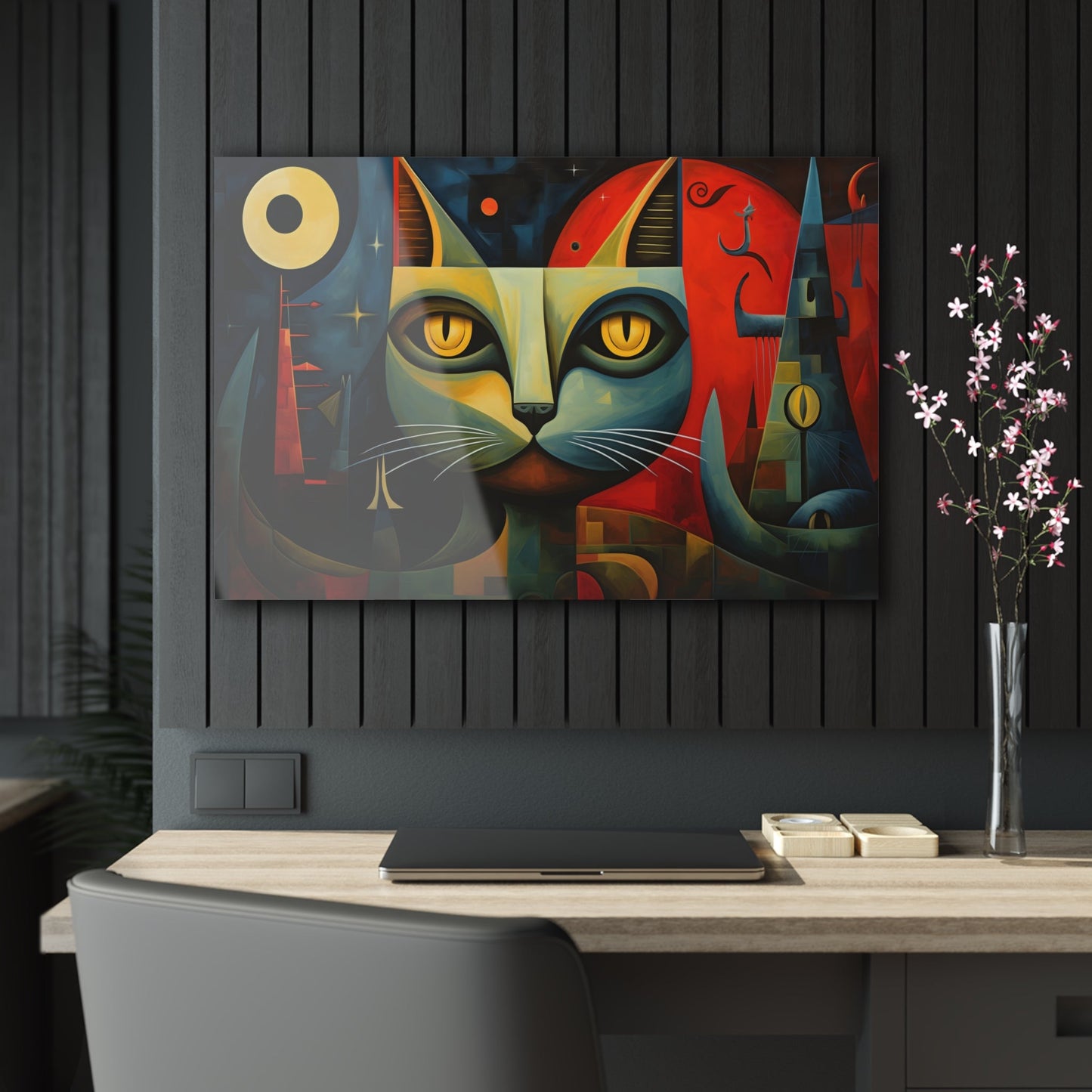 Horizontal-oriented wall art: A Cubist-inspired cat stares directly at the viewer, its eyes glowing with intensity against a backdrop of geometric shapes in deep blues, reds, and yellows. The abstract and surreal composition captures the feline's enigmatic nature, blending elements of modern art movements to create a vivid, otherworldly scene.