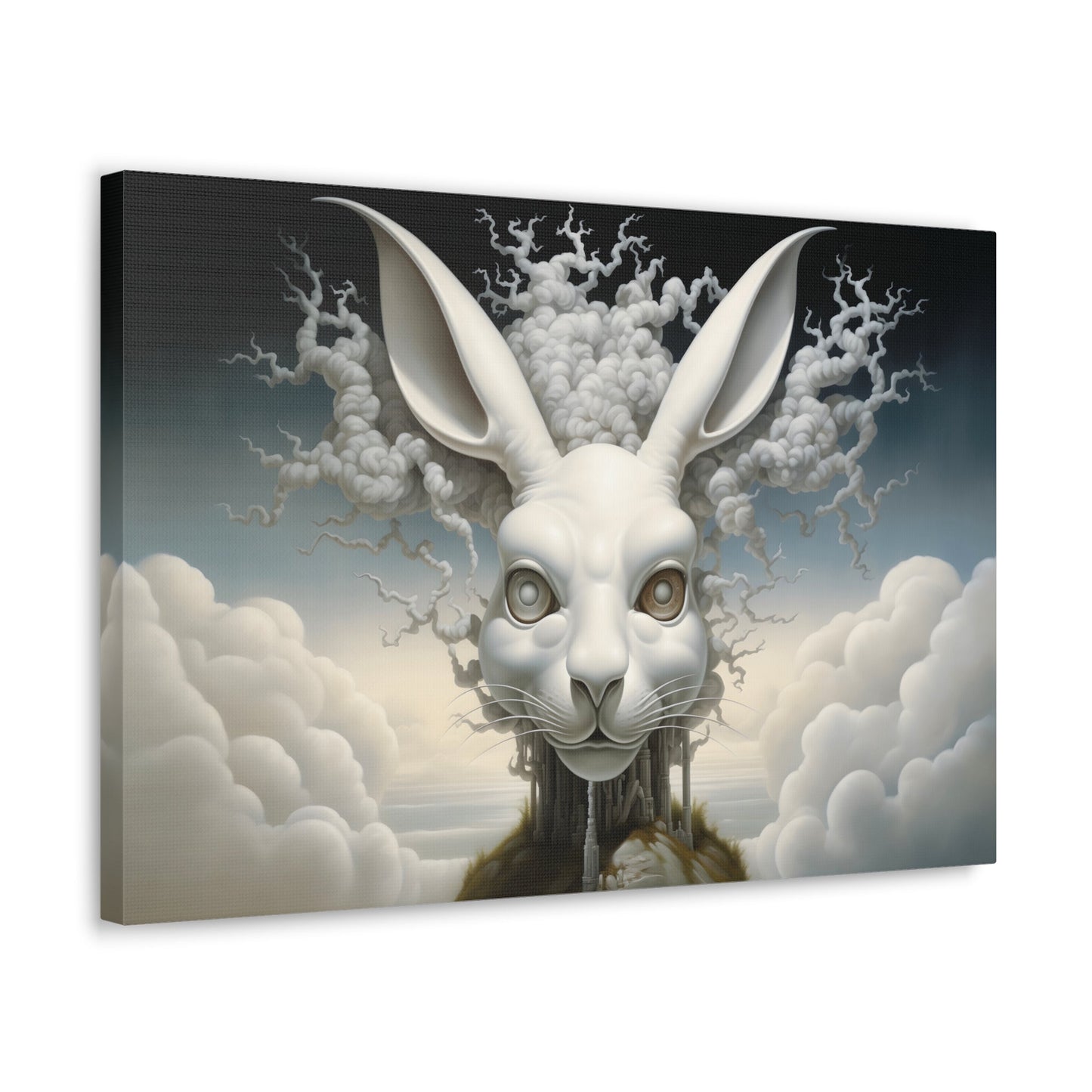 Horizontal-oriented wall art: A surreal, oversized white hare with mechanical eyes is depicted in the center, surrounded by swirling cloud-like forms. The background features a dreamy, ethereal landscape with hints of industrial architecture, blending natural and abstract elements.