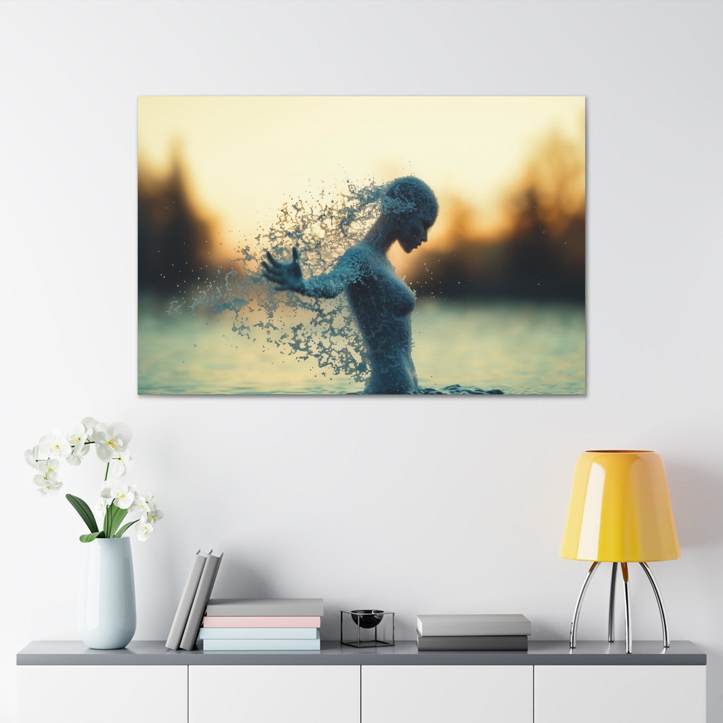 Horizontal-oriented wall art: "Watersong Reverie" Abstract artwork titled Watersong Reverie from the Primal Points collection, depicting a human silhouette merging with water through intricate Pointillism. The piece features fluid motion, vibrant aquamarine tones, and a dreamlike blend of human form and natural elements.