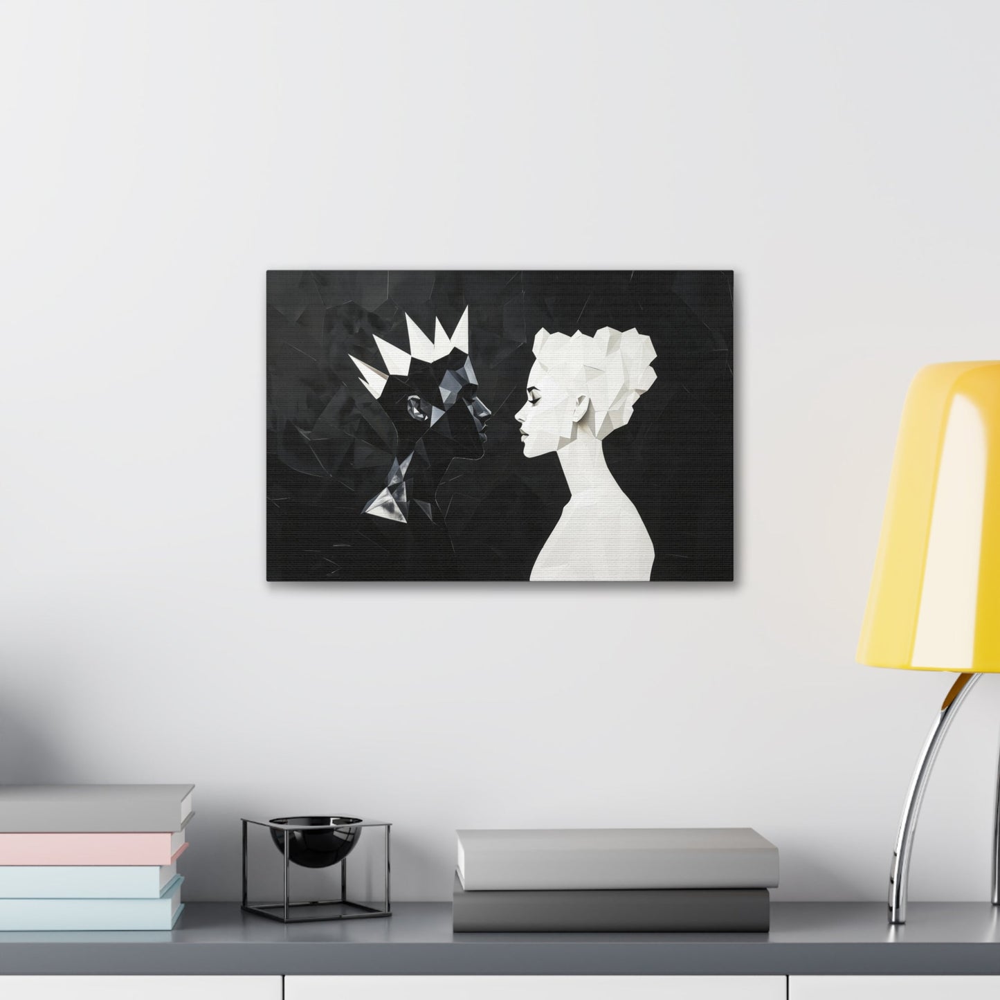 Horizontal-oriented wall art: "Kiss of Kings and Queens" A striking geometric artwork depicting an interracial couple, a Black king and a White queen, leaning in for an intimate moment, their fragmented profiles symbolizing unity and love. Bold black-and-white contrasts create a modern, abstract representation of harmony and diversity.