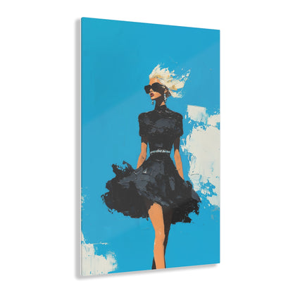 Vertical-oriented wall art: "Black Enigma II." A confident woman walks gracefully in a textured black dress, her wind-blown hair illuminated against a vibrant cerulean sky. The bold palette knife technique and striking contrasts emphasize empowerment and elegance.